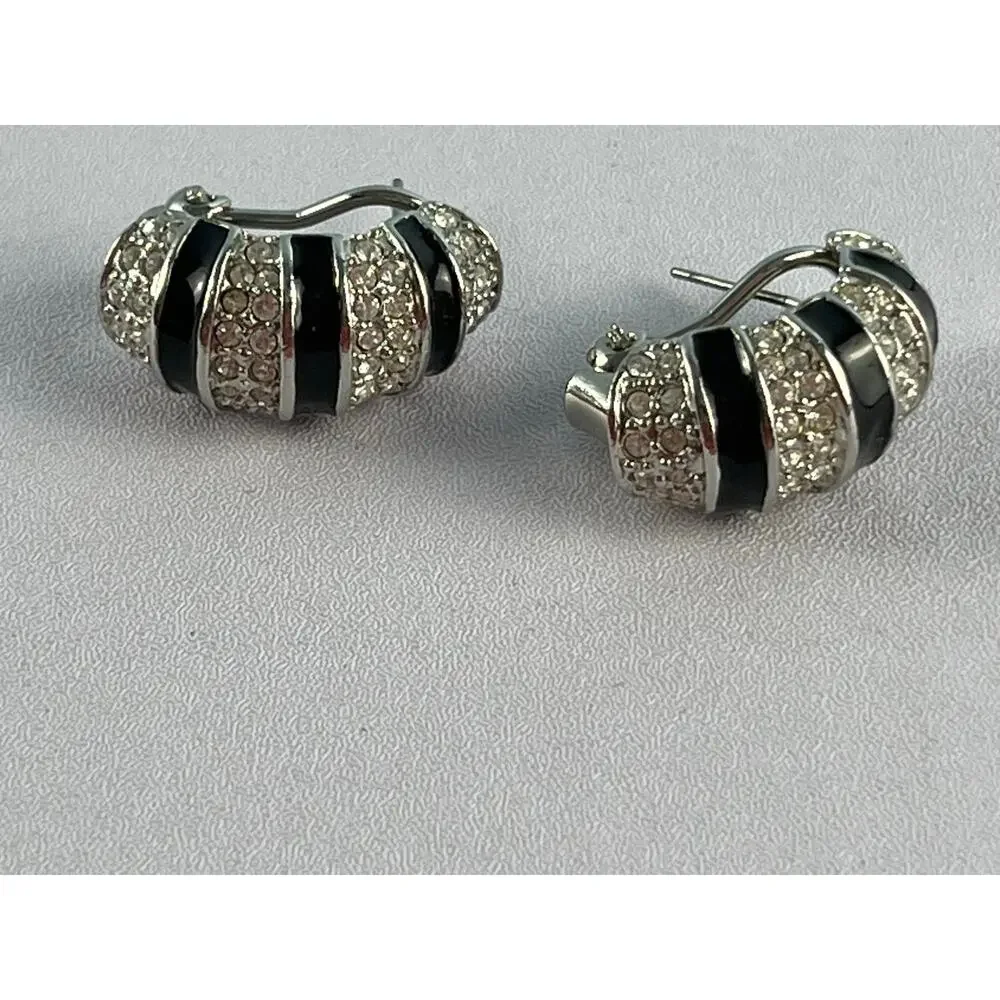 VTG 80s Black Enamel Rhinestone Half Hoop Omega Back Earrings Silver Tone Glam